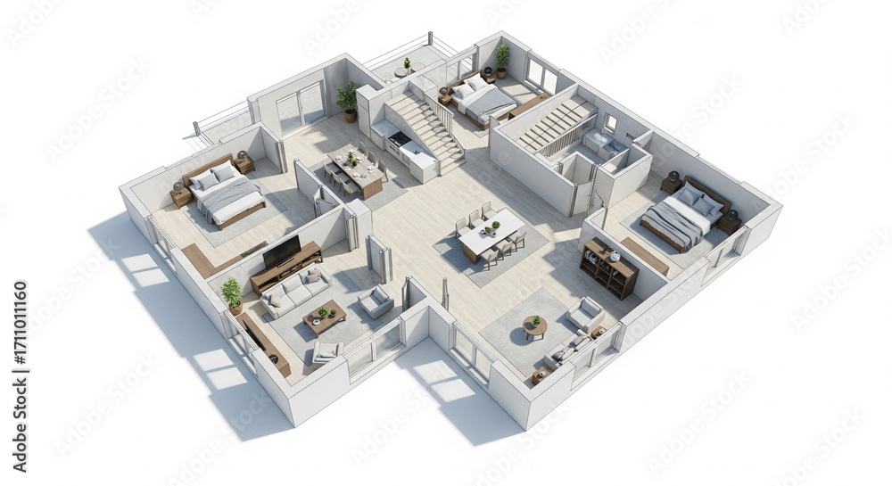 Obraz premium Detailed Floor Plan of a Modern House or Apartment Showing Furniture Layout and Multiple Rooms on an Isolated transparent background