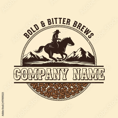 A cowboy riding a bucking horse, surrounded by coffee beans, a vintage-style graphic design.