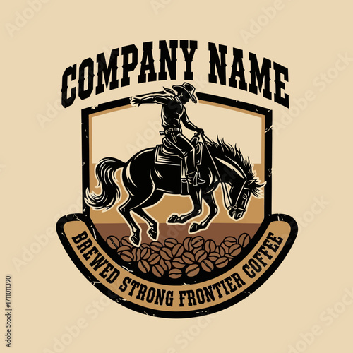 A cowboy riding a bucking horse, surrounded by coffee beans, a vintage-style graphic design.