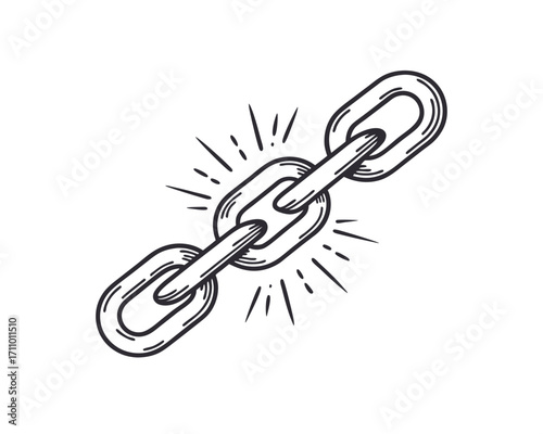 Hand drawn chain link illustration representing strength connection security and digital blockchain technology metaphor with emanating light lines on white background