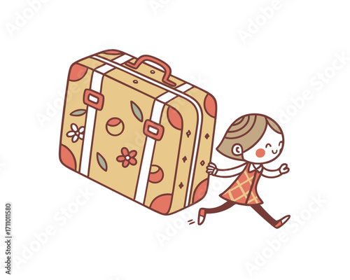 Little girl running with a big suitcase cartoon style vector illustration for travel concept and tourism promotion perfect for kids and family content