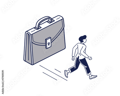 Career Pursuit Illustration of Man Running Away From A Large Briefcase Symbolic Of Job Or Responsibility