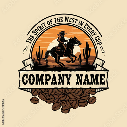 A cowboy riding a bucking horse, surrounded by coffee beans, a vintage-style graphic design.