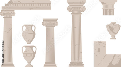 Ancient greek architectural elements including columns and busts on transparent background