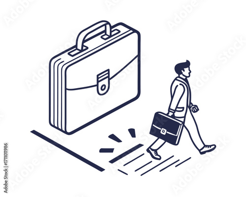 Corporate success and business journey concept illustration in minimalist style depicting a businessman walking with a briefcase towards opportunity