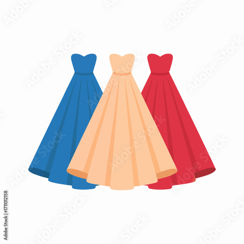 Elegant Dresses in Blue Peach and Red Simple Fashion Design Illustration for Boutique Wedding or Event Planning on White Background