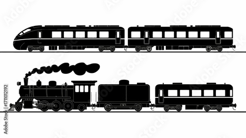 Evolution of rail transport showing a steam locomotive and a modern bullet train illustrating progress in train technology and historical transportation