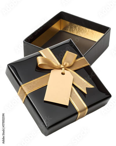 A black gift box with golden ribbon and tag with the lid open showing golden interior on black background