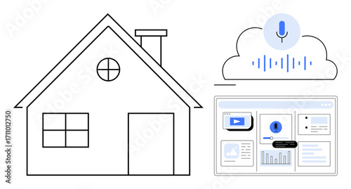 Minimalistic house outline, voice recognition in cloud interface, data dashboards. Ideal for smart home, IoT, cybersecurity, remote control, automation, AI integration flat style metaphor
