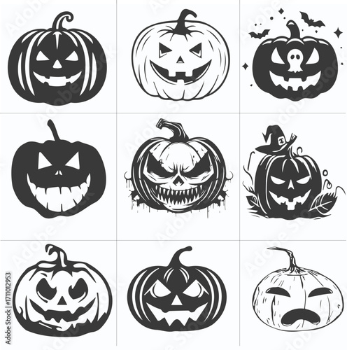 Evil Halloween Pumpkin Face vector set