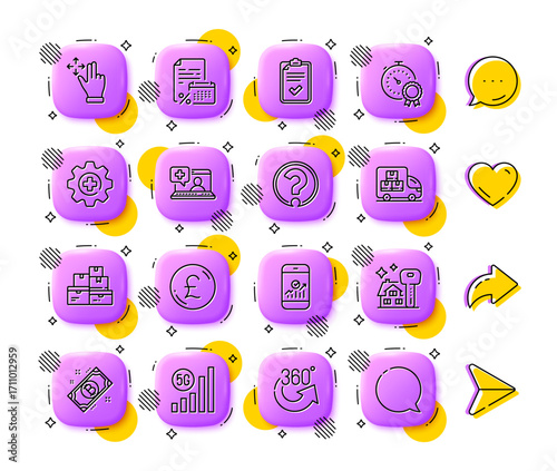 Calendar tax, Checklist and Delivery truck line icons. App 3d buttons. Social media comment, share, like icons. Pack of 5g wifi, Wholesale goods, Best result icon. Vector