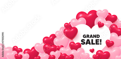 Grand sale heart shaped bubble. 3d hearts love background. Grand sale tag. Special offer price sign. Advertising discounts symbol. Valentines day greeting card. Cute 3d hearts. Vector