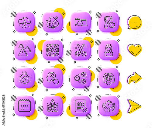 Select user, Checked calculation and Gears line icons. App 3d buttons. Social media comment, share, like icons. Pack of Lungs, Attention, Time management icon. Vector