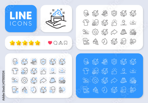 Face cream, Problem skin and Sunscreen line icons for web app. Message, Share, Like social media icons. Pack of Skirt, Vitamin h, Vitamin d pictogram icons. Vector