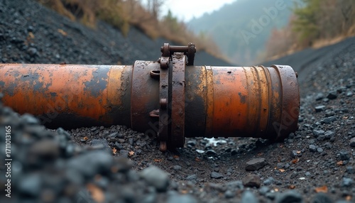 Rusty orange pipe lies on waste coal rocks. Mountains seen on background. Concept of industry pollution, outdated equipment, waste deposit. Environmental hazard damage from energy production visible.