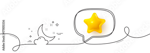 Night weather line icon. Continuous line with 3d star. Moon with cloud sign. Sleep symbol. 3d star in speech bubble. Night weather single line ribbon. Loop curve pattern. Vector