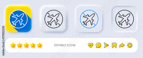 Airplane mode line icon. Neumorphic, Flat shadow, 3d buttons. Cancel flight sign. Turn off mobile in plane symbol. Line airplane mode icon. Social media icons. Vector