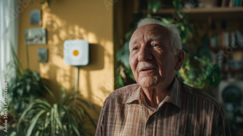 Elderly man with gray hair, wearing a plaid shirt, is smiling warmly while standing in a sunlit room filled with plants and home decor, conveying a sense of joy and nostalgia