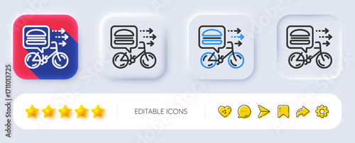 Food delivery line icon. Neumorphic, Flat shadow, 3d buttons. Bike courier sign. Catering service symbol. Line food delivery icon. Social media icons. Vector