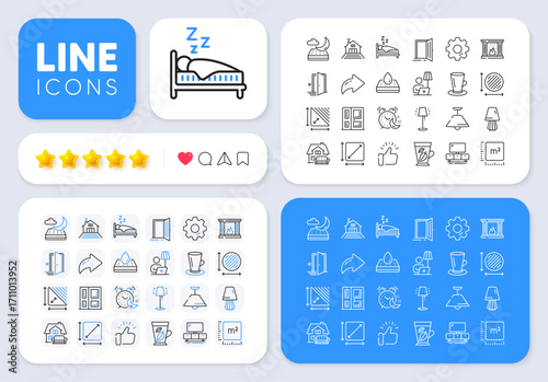 Circle area, Entrance and Square meter line icons for web app. Message, Share, Like social media icons. Pack of Waterproof mattress, Tv stand, Triangle area pictogram icons. Vector