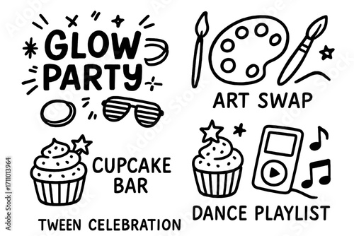 Tween Party Doodle Set. Tween celebration day doodle set: hand drawn icons for glow party, art swap, cupcake bar, and dance