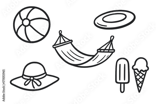 Summer Fun Doodle Icons. Summer outdoor fun doodle set: hand drawn icons for beach ball, frisbee, hammock, sunhat, and icy treats,