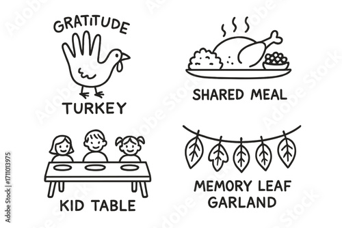 Thanksgiving Doodle Icons. Family Thanksgiving doodle set: hand drawn icons for gratitude turkey, shared meal, kid table, and