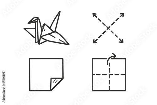 Origami Doodle Icons. Kids paper folding hobby doodle set: hand drawn icons for origami crane, folding lines, creased corners, and