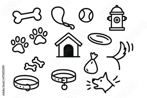 Dog Park Icons. Dog park doodle icon set: hand drawn icons of dog bone, leash, tennis ball, hydrant, paw prints, doghouse, frisbee
