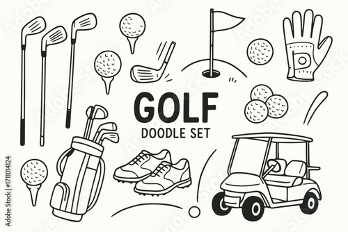 Golf Equipment Doodles. Golf doodle set with clubs, balls, and cart in black and white linear style