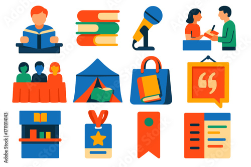 Literary Festival Icons. Flat vector icons of literary festivals: author reading, book stack, poetry mic, autograph session,