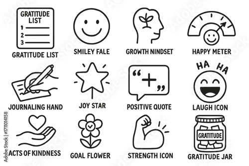 Positive Psychology Icons. Positive psychology doodle icon set: hand drawn icons of gratitude list, smiley face, growth mindset,