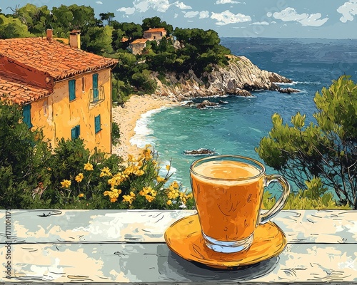 Coastal caf? scene with a warm drink