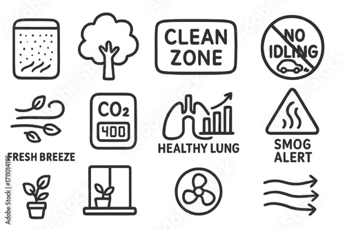 Clean Air Doodle Icons. Clean air awareness doodle icon set: hand drawn icons of air purifier, tree icon, clean zone, no idling