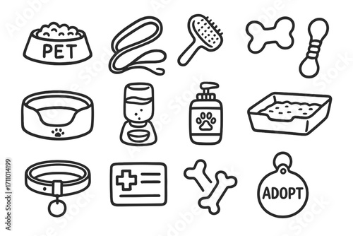Pet Care Doodle Icons. Pet care doodle icon set: hand drawn icons of pet food bowl, leash, grooming brush, chew toy, pet bed,