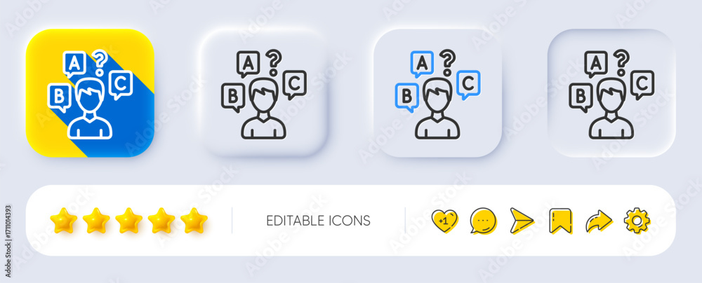Fototapeta premium Quiz test line icon. Neumorphic, Flat shadow, 3d buttons. Select answer sign. Business interview symbol. Line quiz test icon. Social media icons. Vector