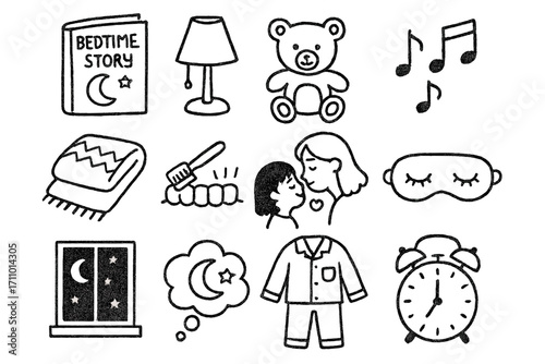 Bedtime Doodle Icons. Children’s bedtime doodle icon set: hand drawn icons of bedtime storybook, night lamp, stuffed animal,