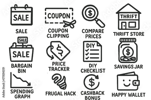 Budget Shopping Doodle Set. Budget shopping doodle icon set: hand drawn icons of sale calendar, coupon clipping, compare prices,