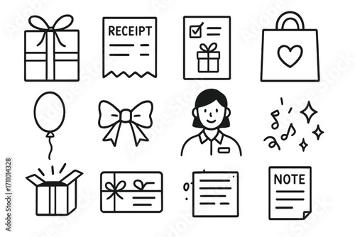 Gift Shopping Icons. Gift shopping doodle icon set: hand drawn icons of wrapped present, gift receipt, wishlist item, gift bag,