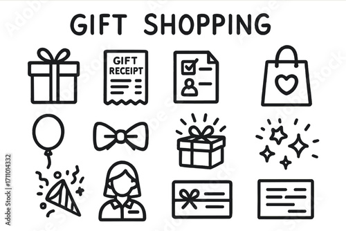 Gift Shopping Icons. Gift shopping doodle icon set: hand drawn icons of wrapped present, gift receipt, wishlist item, gift bag,