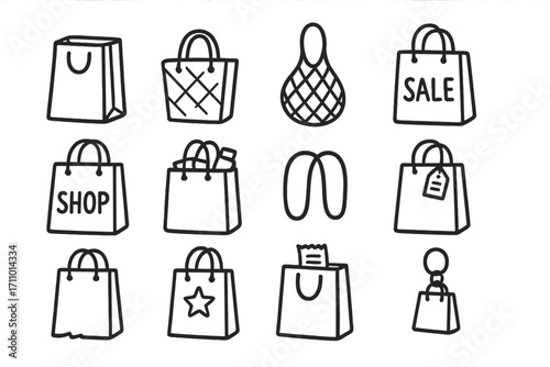 Doodle Shopping Bag Icons. Shopping bags doodle icon set: hand drawn icons of brown paper bag, designer tote, eco mesh bag,
