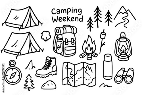 Outdoor Adventure Doodles. Camping weekend: hand drawn doodles of tents, campfires, backpacks, marshmallow sticks, lanterns,