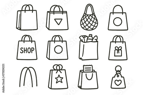 Doodle Shopping Bag Icons. Shopping bags doodle icon set: hand drawn icons of brown paper bag, designer tote, eco mesh bag,
