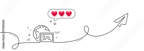 Web photo line icon. Continuous line with share plane. Image thumbnail sign. Picture album placeholder symbol. Hearts rate review in speech bubble. Web photo single line ribbon. Vector