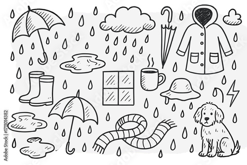 Rainy Day Doodles. Rainy day: hand drawn doodles of umbrellas, puddles, rain boots, raindrops, clouds, raincoats, windowpanes, tea