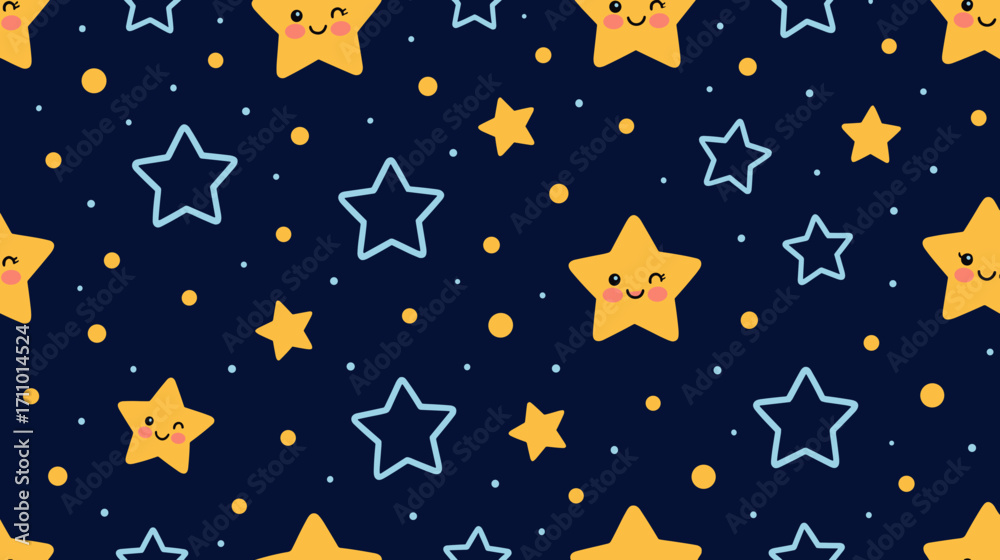 Fototapeta premium Cute stars and smiling faces in playful pattern on dark background 