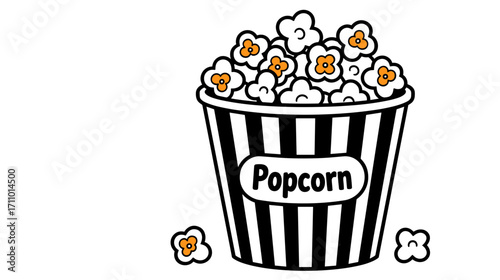 Popcorn bucket filled with snacks and decorated in black stripes  