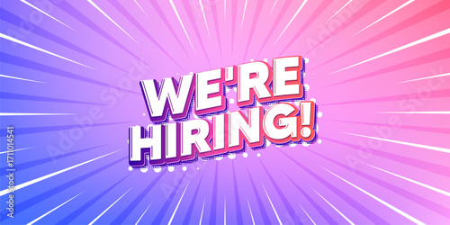 Hiring sun rays gradient banner. Light burst background. We are hiring tag. Recruitment agency sign. Hire employees symbol. Gradient sun rays. Sunburst light. Vector