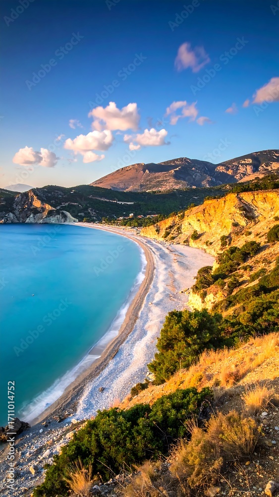 Naklejka premium A breathtaking coastal scene showcases a turquoise bay, a pristine white pebble beach, and rolling hills, bathed in the soft light of a sunrise or sunset.