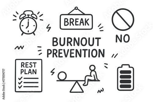 Burnout Prevention Doodles. Burnout prevention: hand drawn doodles of alarms, break signs, “no” signs, rest plans, balance charts,